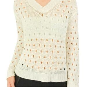 NHBT White Circle Open Knit 100% Linen V-Neck Sweater EUC